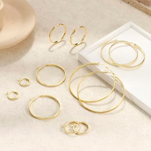Adramata Boucles d'Oreilles Créoles Argent pour Femme et Homme - Plaquées Or 14 Carats Hypoallergéniques - Poteau Sterli