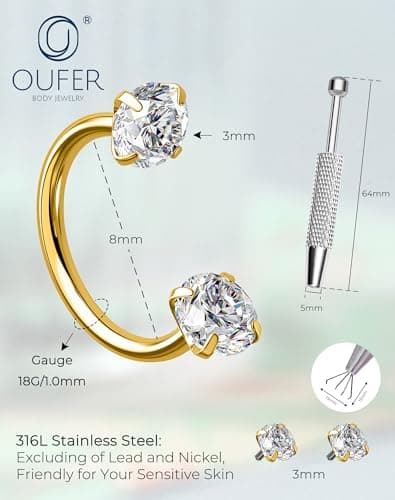 Anneaux de nez OUFER 20 g/18 g - En acier chirurgical 316L - Pour lèvre, sourcil, hélix, daith, oreille - Bijoux de pier