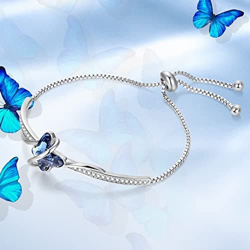 Papillon Bracelet Femme Plaqué Argent Cristal Bleu Cadeau Fête des Mères Femme