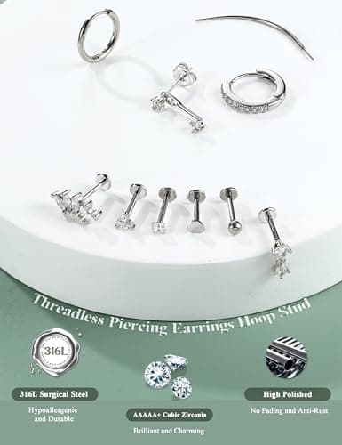 Adramata Boucles d'Oreilles Femme Acier Inoxydable Piercing Oreille Sans Fil Tragus Conch Piercings Nez Labret Fiori Pla