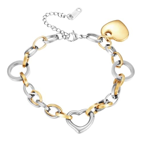 Emibele Bracelet en Forme de Cœur Exquis pour Femmes, Bijoux en Acier Inoxydable Filigrané, Chaîne Gravable avec Fermetu — Or Argent