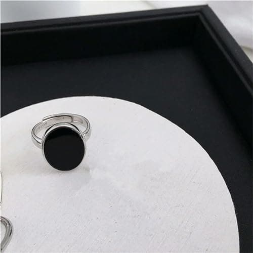 GleaMora S925 Argent Minimaliste Réglable Bague Personnalisée Femmes Ovale Noir Léger Luxe