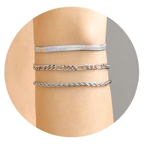 TempBeau : 3Pcs Chaîne Doré Délicat Twist Figaro Bijoux Fantaisie pour Femmes Filles | Argent Or Réglable | Top Recherch — 01#3pcs argent