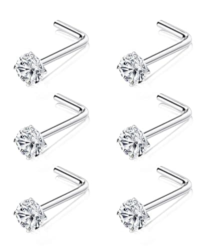 Chriscoco Piercing Nez Titane 6 Pièces Or Argent 18G 20G Cubique Zircone CZ Forme L 3mm — 3mm, forme de L, 20G, titane argent