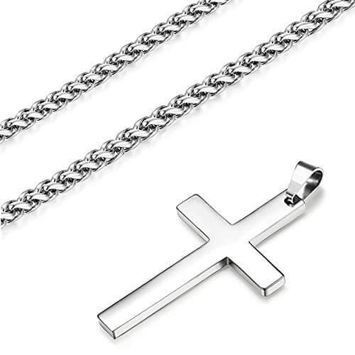 Collier Croix Femme Homme Religieux Argent Acier Inoxydable 61cm Longue Recyclé Standard 100