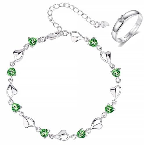 Bracelet Argent 925 Femme Coeur Ajustable avec Anneau NGUSO, Bracelet Argent Massif Femme Coeur 925 Ajustable avec Annea — Plus Vert