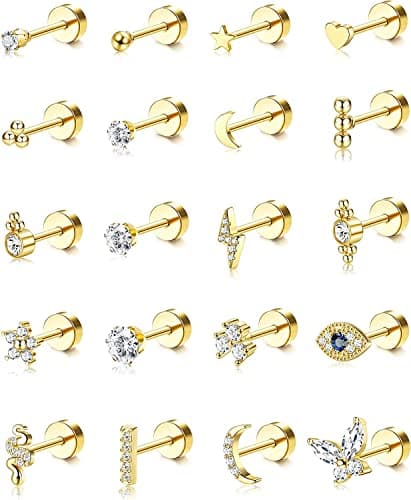 Adramata 20Pcs Acier Inoxydable Petite Boucles D'Oreilles 20G pour Piercings Cartilage Tragus Daith Hommes et Femmes Vis