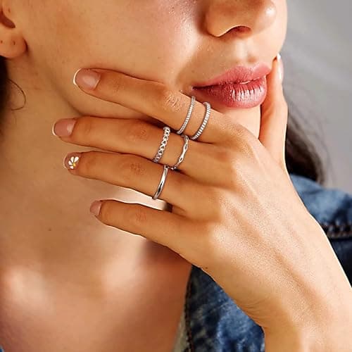 Adramata Or Bague Femme Reglable 14K Plaqué Minimale Empilable Argent/Or Recycled 5Pcs Ensemble Ouvert pour Fille