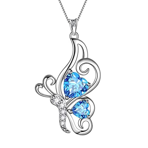 Collier cœur papillon femme argent sterling 925 pendentif papillon pierre de naissance — C.March aigue-marine