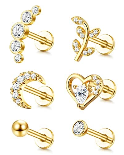 Adramata 6 Pièces Piercings Pour Piercés Fileté CZ Femmes Hommes Bijoux Oreille Recycled Standard 100