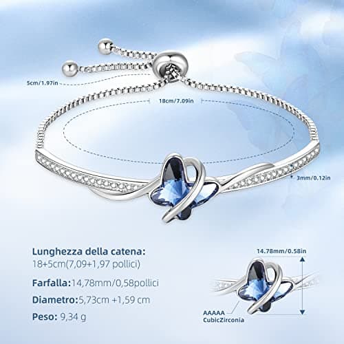 Papillon Bracelet Femme Plaqué Argent Cristal Bleu Cadeau Fête des Mères Femme