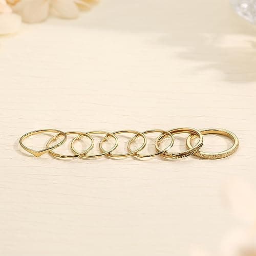 Adramata 8 Pièces Bagues Femme Acier Inoxydable Plaqué Or 14K Empilables minces Minimalistes Bagues de Déclaration Boho