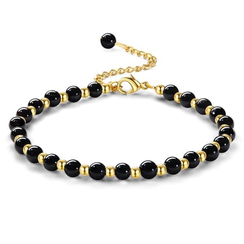 Bracelet Naturel en Pierre de 5MM Plqué Or pour Femme Bracelet Bohème en Acier Inoxydable de 3MM pour Femme Bracelet en — Noir