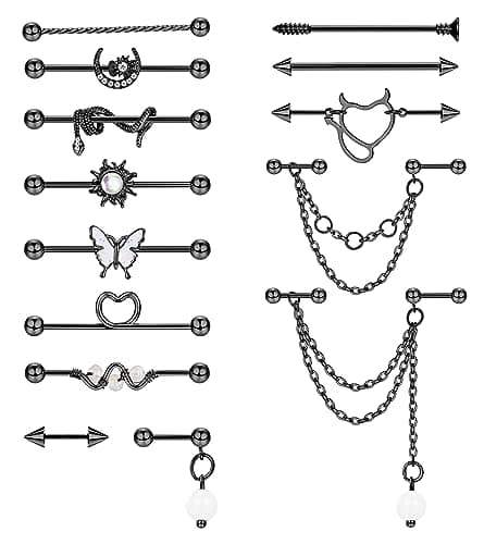 Piercings Industriels Adramata 14G 16G Acier Chirurgical Bijoux Cartilage Helix Or et Argent Recyclés Standard 100 — B-14Pcs-Noir