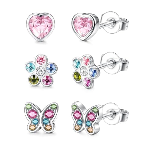 Adramata Boucles d'Oreilles Argent 925 Fille et Femme Hypoallergéniques Boucles d'Oreilles Fleur Coeur Papillon avec Des — Style Fleur