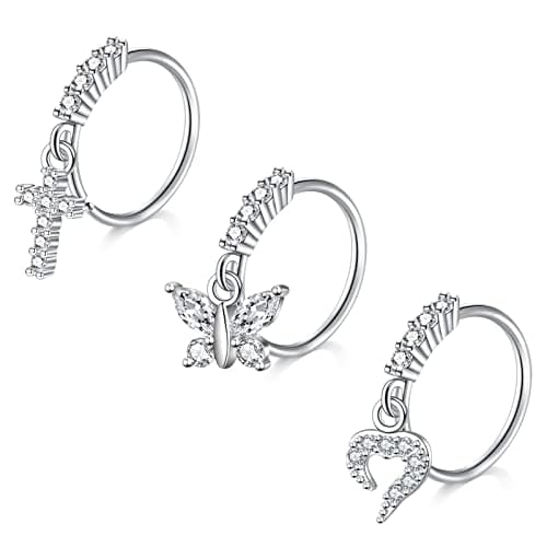 Mayhoop Piercing Nez en Acier Chirurgical pour Femme et Homme - Coeur Fleur Papillon Ramure - 20G - Disponible en Argent — 3pcs-argent-set2