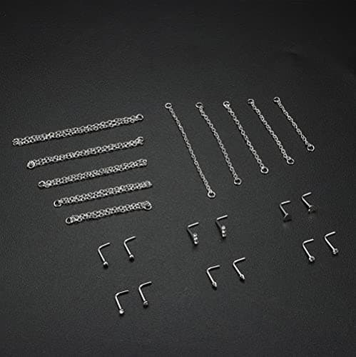 Adramata 12Pcs Nez Anneau + 10Pcs Chaîne de Nez pour Double Piercing de Femmes et Hommes - Acier Chirurgical 20G Recycle