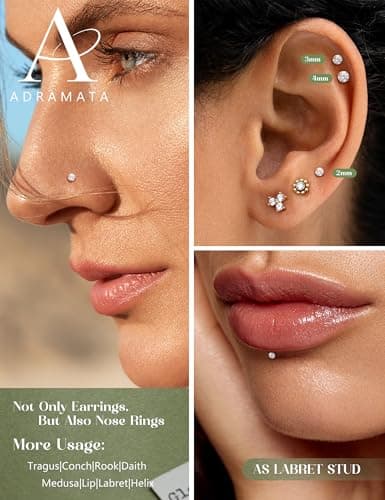 Adramata Piercing Tragus Hypoallergénique 16G/18G en Or/Argent 6/8/10mm Labret à Filetage Interne pour Lèvre et Cartilag