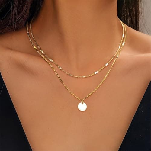 WOXJENA Collier Acier Inoxydable Or 14K Réglable Femmes, Perles Empilables, Pendentif Pièce de Monnaie, 3 Pièces Bijoux