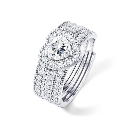 LOLIAS Trois en Un Bague Femme Or/Argent Lot Bague Couple Reglable Ajustable Modele Fiançailles Femme Bijoux Cadeau Popu — Ton Argent-Coeur CZ