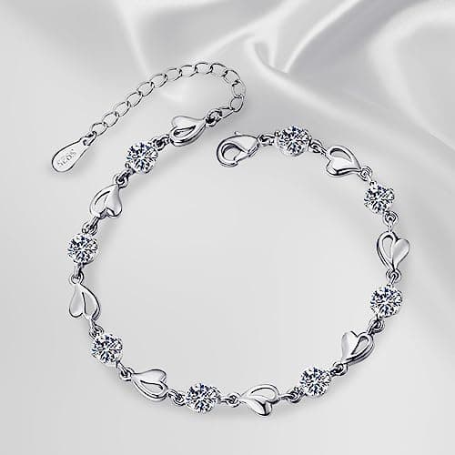 Bracelet Argent 925 Femme Coeur Ajustable avec Anneau NGUSO, Bracelet Argent Massif Femme Coeur 925 Ajustable avec Annea