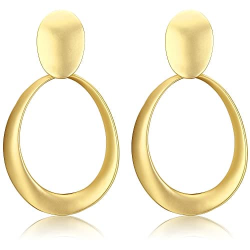 Boucles d'Oreilles Femme Or Grandes Pendantes Martelées Geométriques — Ovale Mat
