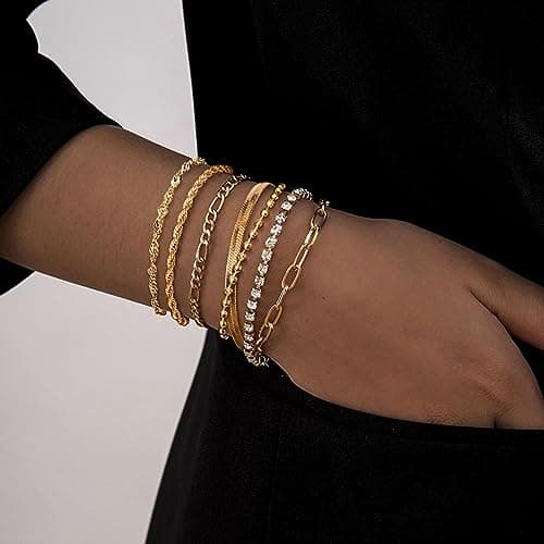 Adramata Chaîne Bracelet Acier Inoxydable Femme Regelable Réglable CZ Fantaisie Argent Or Ensemble 7 Pcs pour Femmes Fil