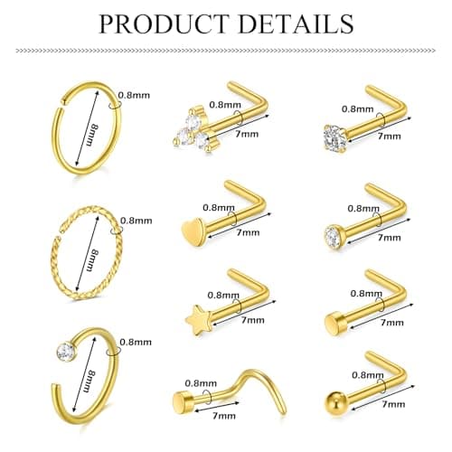 AceFun piercing nez argent or, anneau mince pour femmes et hommes, forme L petit nez stud 20G Strassbijoux