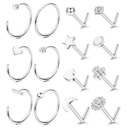 Adramata Or 14K Piercing Nez Acier Chirurgical Anneaux pour Hommes Femmes Hypoallergénique Anneau de Nez 20G Coeur Pierc — Argent-Multiple