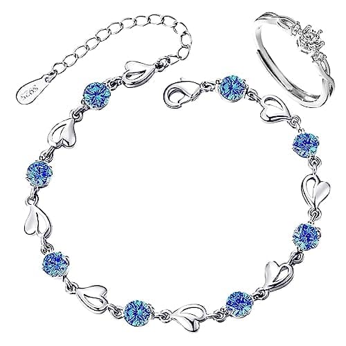 Bracelet Argent 925 Femme Coeur Ajustable avec Anneau NGUSO, Bracelet Argent Massif Femme Coeur 925 Ajustable avec Annea — Bleu.