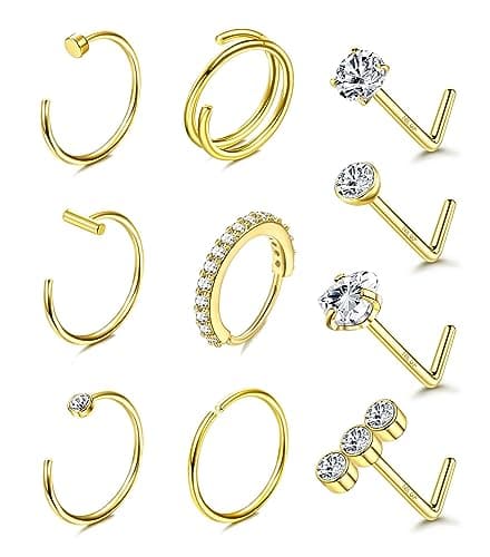Adramata Piercings au Nez Or 14k Femme Homme 10 Pièces 20G Piercing Rond CZ Coeur Bijoux Percing Or Argent Épingles de N — Anneau de nez B, Or