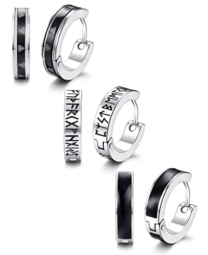 Boucles d'Oreilles Acier Inoxydable Adramata Noir Vikings Runes 12mm Homme Femme