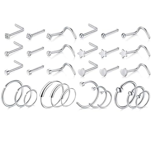 LOCCY Piercings Nez en Acier Inoxydable Bijoux pour Femmes et Hommes - Anneau de Nez 21-30 Pièces 20G Or Argent CZ L/Vis — 30 Pièces-Argent