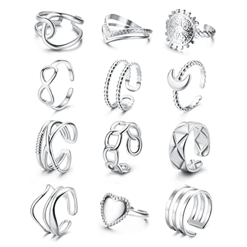 Adramata 12Pcs Bagues Femme Inoxydables Boho minimalistes Coeurs Infinis Reglables Or Argent Boho Bagues Femme Empilable — Argent
