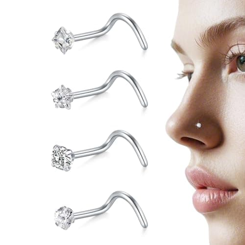 LAURITAMI 20G Piercing Nez Acier Inoxydable Or Argent, L Spirale Droit Forme Percing Narine Bijoux de Percing pour Femme — Argent 20G Connecteur nez-vis-4pcs