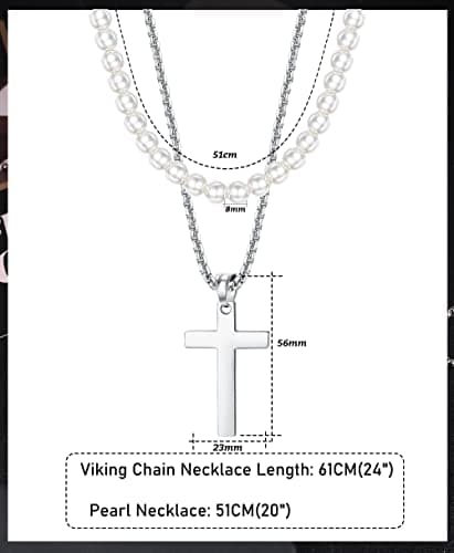 Adramata 2 Pcs Colliers en Acier Inoxydable pour Homme et Femme - Croix Viking, Lance et Perles Simulées - Chaîne Argent