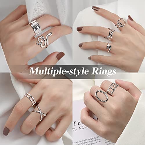 Bague Argent Acier Inoxydable LOLIAS pour Femmes - 16 Pièces Ouvert Réglable Vague Câlin Empilables Noeud Plume Orteil L