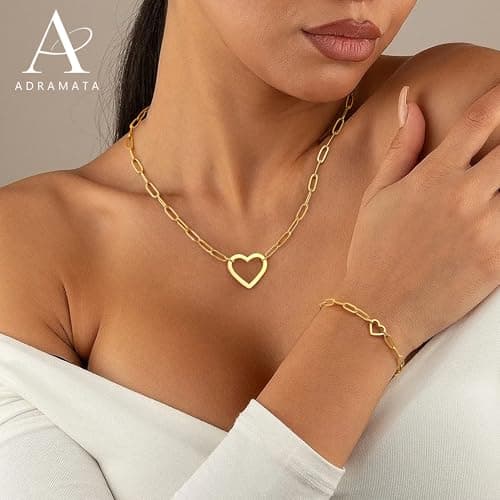 Collier et Bracelets Acier Inoxydable Plaqués Or Adramata Coeur Imperméables pour Femme Empilables et Réglables