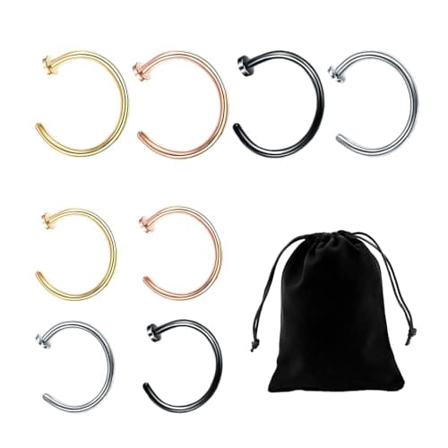 NyxSeat Lot de 8 piercings de nez - Anneau de piercing en acier inoxydable - Convient pour tous les utilisateurs - Idéal