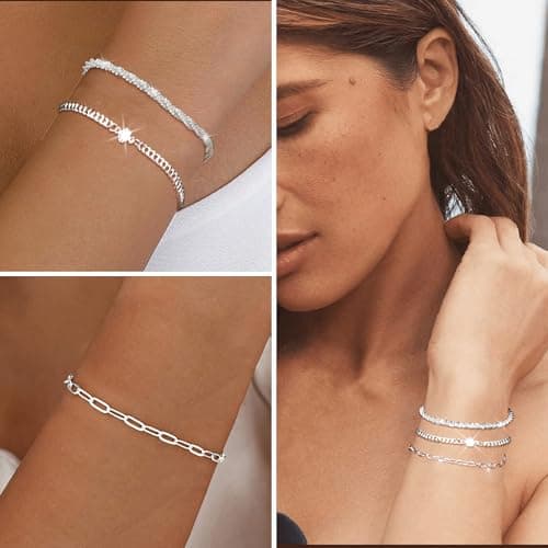 MUCCA Lot de 3 bracelets empilables en argent 925 pour femme - Cadeau d'anniversaire - Argent sterling multicouche régla