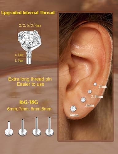 Adramata 8 Pièces Piercings Tragus Labret Fileté Interne Acier Chirurgical 16G/18Gnez Bijoux - Argent/Or/Rose Recycled S