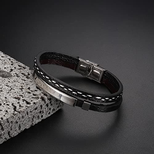 Adramata Bijoux Homme Cuir Noir Recycled 2PCs Bracelets Homme Anniversaire Cadeau Fête des Pères