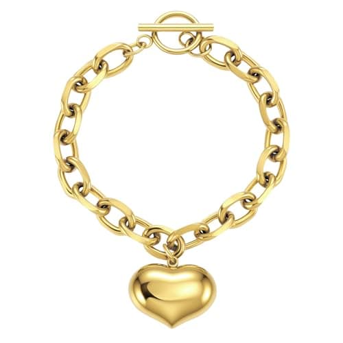 Emibele Bracelet en Forme de Cœur Exquis pour Femmes, Bijoux en Acier Inoxydable Filigrané, Chaîne Gravable avec Fermetu — Cœur creux en or 18K​