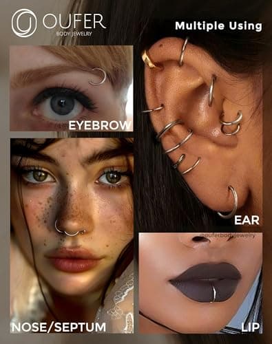 OUFER Piercings Nasals En Acier Chirurgical 316L pour Femmes Nose Hoop Noir 5/6/7/8/9/10/12 mm bijoux de Piercing Corpor