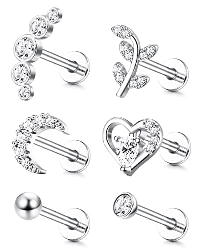 Adramata 6 Pièces Piercings Pour Piercés Fileté CZ Femmes Hommes Bijoux Oreille Recycled Standard 100 — ton argent