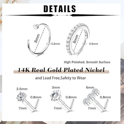 Adramata Piercings au Nez Or 14k Femme Homme 10 Pièces 20G Piercing Rond CZ Coeur Bijoux Percing Or Argent Épingles de N