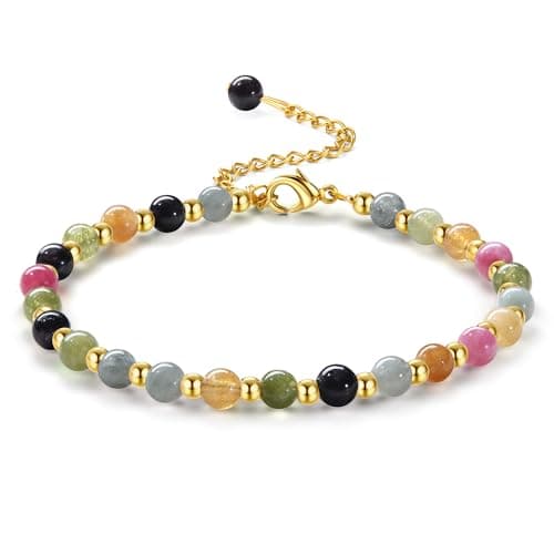 Bracelet Naturel en Pierre de 5MM Plqué Or pour Femme Bracelet Bohème en Acier Inoxydable de 3MM pour Femme Bracelet en — Couleur Rose