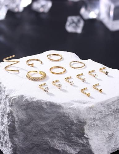 Adramata Or 14K Piercing Nez Acier Chirurgical Anneaux pour Hommes Femmes Hypoallergénique Anneau de Nez 20G Coeur Pierc