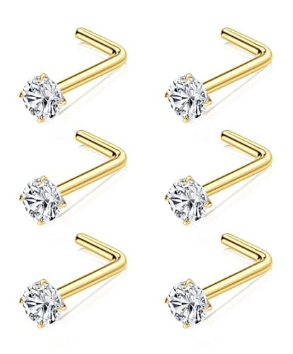 Chriscoco Piercing Nez Titane 6 Pièces Or Argent 18G 20G Cubique Zircone CZ Forme L 3mm — 3mm, forme de L, 18G, titane or
