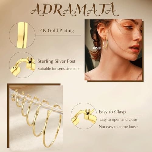 Adramata Boucles d'Oreilles Créoles Argent pour Femme et Homme - Plaquées Or 14 Carats Hypoallergéniques - Poteau Sterli